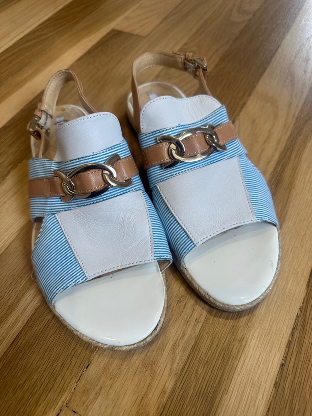 Geox White, Light Blue & Tan Slingback Sandals with Metal Accent - Picture 5 of 8